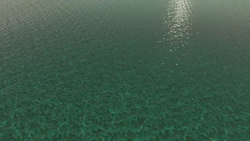 Clear green water seen from just above, with ripples, light patterns on the bottom and a streak of sun glitter.