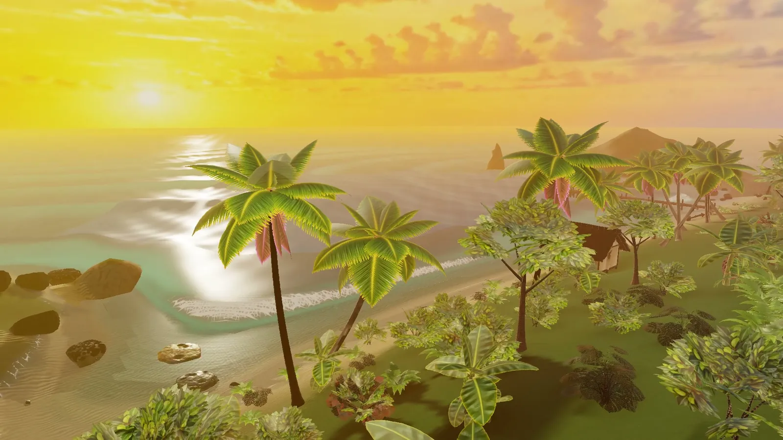 A tropical cove at sunset seen from a hill: palm trees, a small hut, rocks in turquoise shallows and the sun low over the sea.