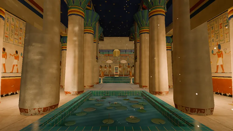 A pharaoh’s throne hall: painted columns either side of a tiled lotus pool, leading to a golden throne under a starry ceiling.