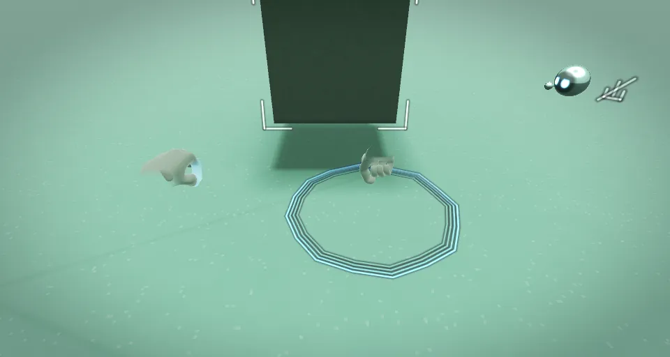 A hand sweeping a ring out on the floor beside a tall dark block, with the Numen floating to the right.