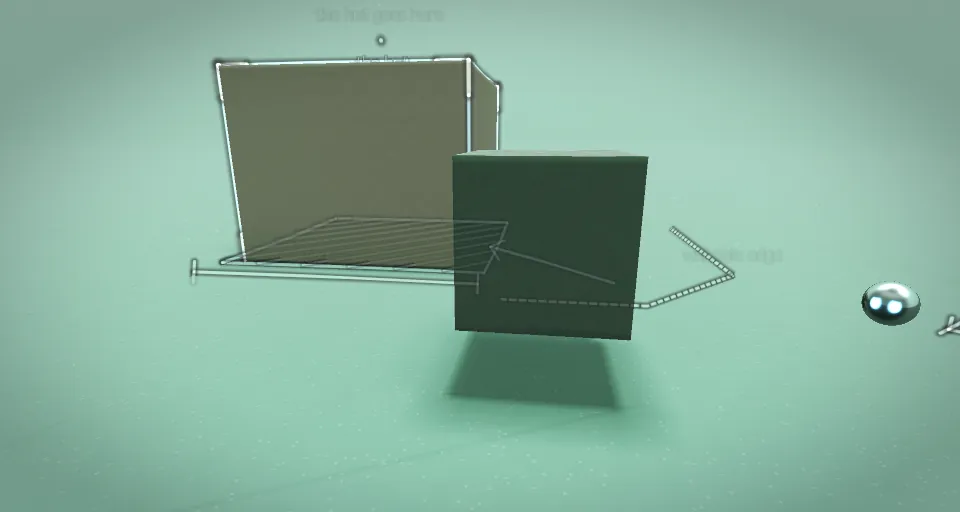A dark cube beside a box sketched in white outline, with faint notes such as: the hut goes here.