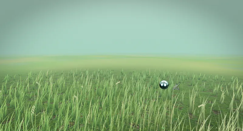 A wide meadow of tall grass fading into mist, with the Numen, a small chrome orb with two eyes, floating above it.