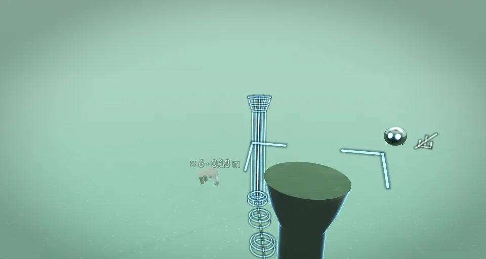 A hand pulling a column of repeated rings out of a tower, with a readout of six copies 0.13 metres apart.
