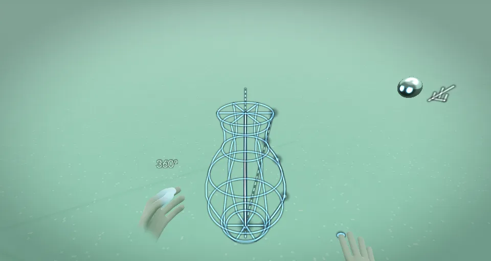 A vase drawn as a glowing blue wireframe, turned 360 degrees around a central axis, between two hands on a pale green floor.