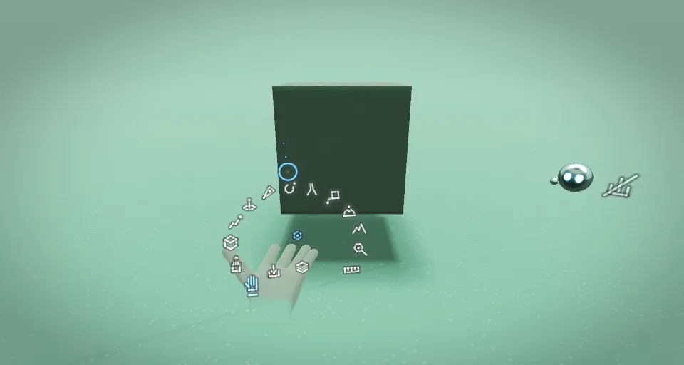 A ring of tool icons open around one hand, in front of a dark green cube.