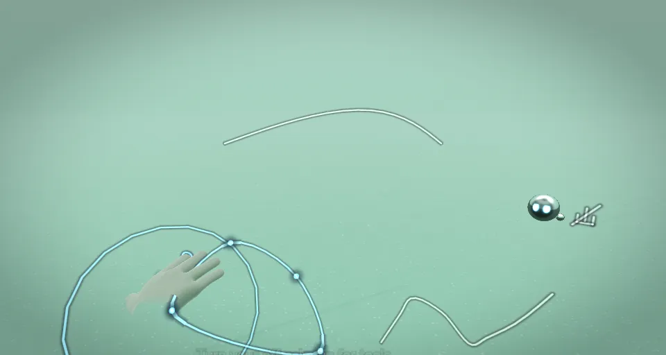 Curves drawn in the air as white and blue splines, one closed into a loop with control points under a hand.