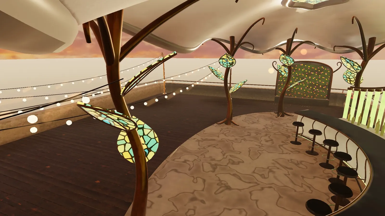 Standing under a curving leaf-shaped canopy on a rooftop, among stained-glass trees, with a bar and strings of lights.